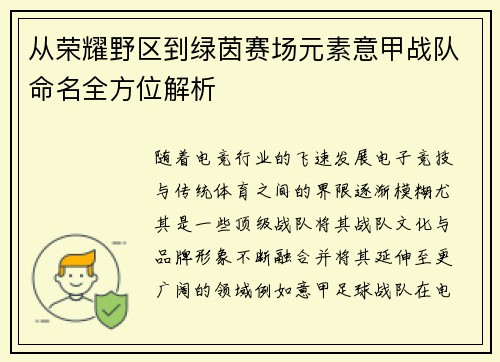 从荣耀野区到绿茵赛场元素意甲战队命名全方位解析